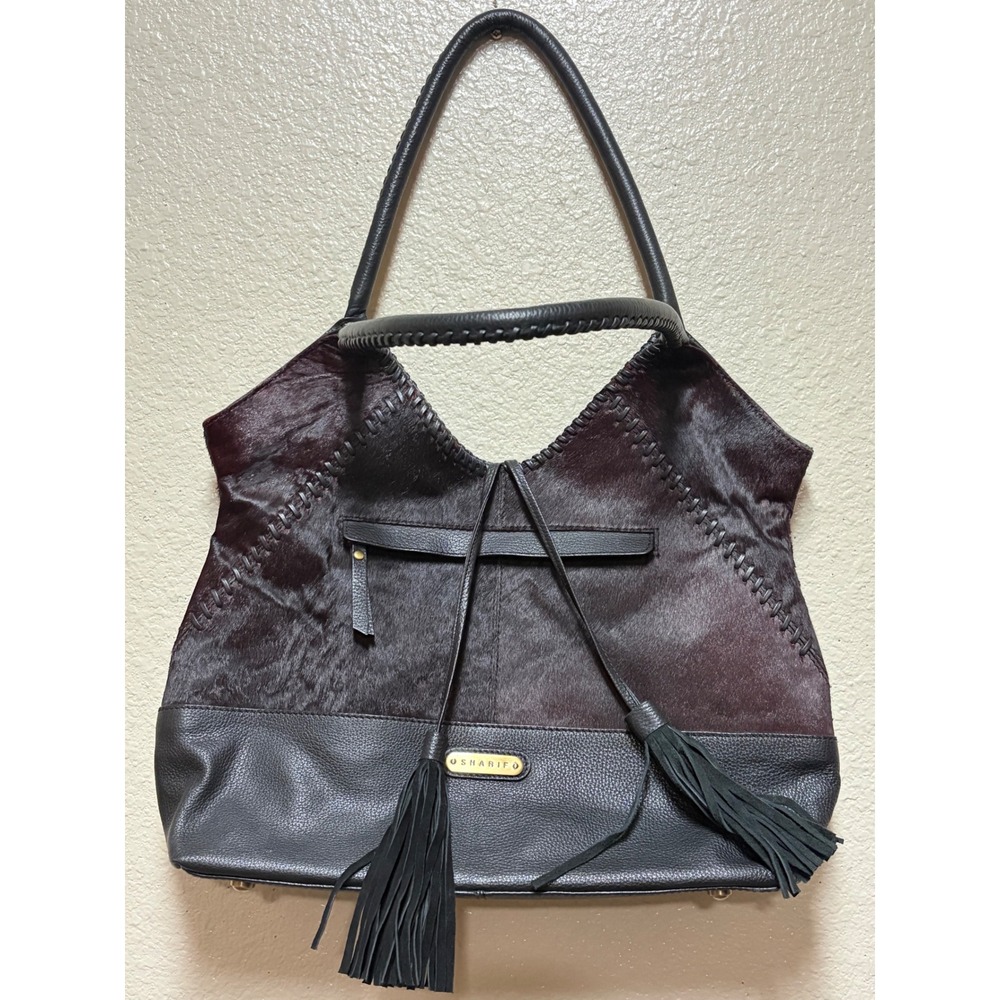 Sharif Womens Calf Hair Leather Hobo Bag Brown Black Whipstitch Tassel Shoulder